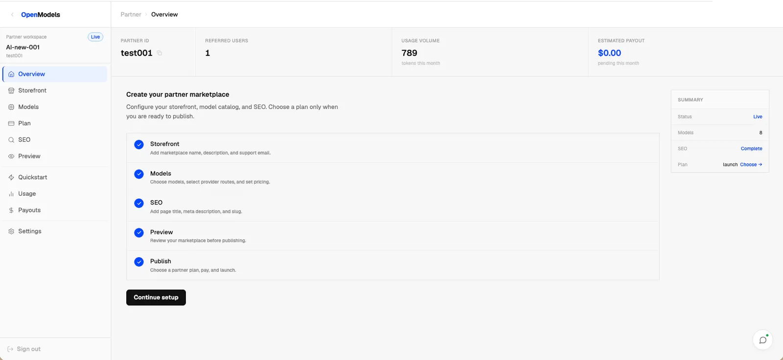 Partner overview with setup checklist, Partner ID, referred users, usage volume, and estimated payout