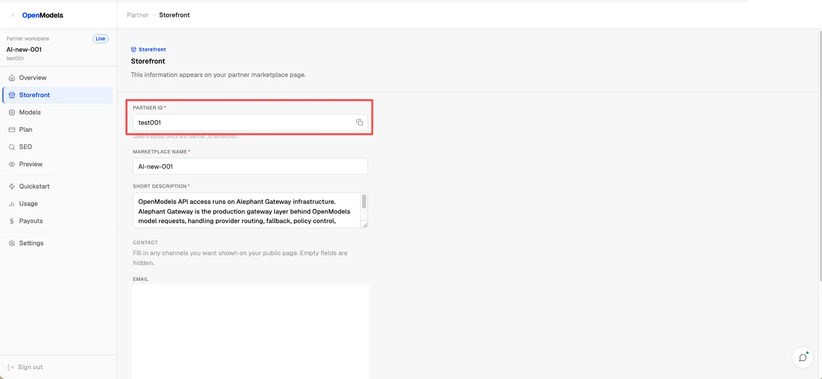 Storefront settings with Partner ID highlighted