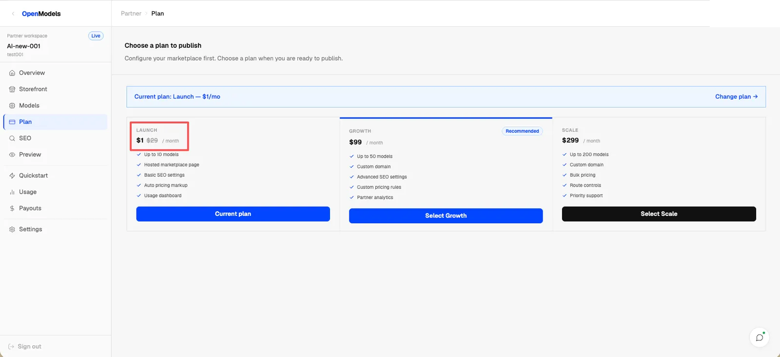 Partner plan page showing Launch, Growth, and Scale plans