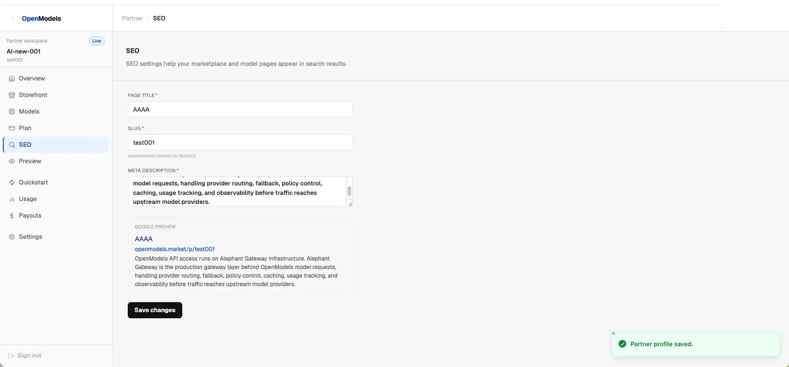 SEO settings with page title, slug, meta description, and Google preview