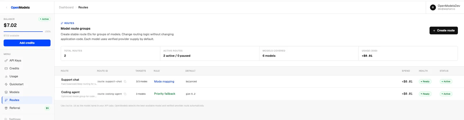 OpenModels Routes table showing route IDs, rules, health, and status